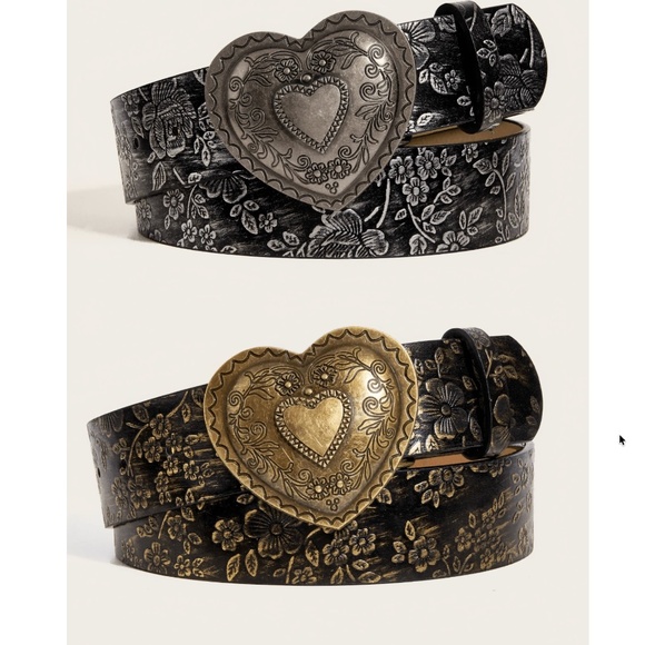 Western Floral Embossed Heart Statement Buckle Vegan Leather Wide Belt main image 6